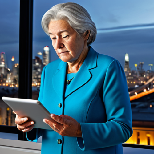 The Digital Divide**

A senior woman fully clothed in modest attire, looking confused while trying to use a tablet. Background is a dimly lit room contrasting with a brightly lit, modern cityscape seen through a window. Emphasis on the disparity in access to technology. Safe for work, appropriate content, fully clothed, professional, perfect anatomy, correct proportions, natural pose, well-formed hands, proper finger count, natural body proportions, high quality digital art, family-friendly.

**