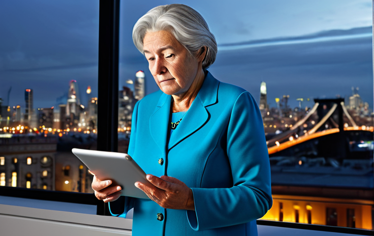 The Digital Divide**

A senior woman fully clothed in modest attire, looking confused while trying to use a tablet. Background is a dimly lit room contrasting with a brightly lit, modern cityscape seen through a window. Emphasis on the disparity in access to technology. Safe for work, appropriate content, fully clothed, professional, perfect anatomy, correct proportions, natural pose, well-formed hands, proper finger count, natural body proportions, high quality digital art, family-friendly.

**