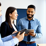 **

A young, professional tech entrepreneur in a modern, collaborative workspace, fully clothed in appropriate business casual attire. She is presenting innovative ideas with a tablet in hand, surrounded by diverse team members. Safe for work, perfect anatomy, natural proportions, professional environment, modest clothing, family-friendly, high quality.

**
